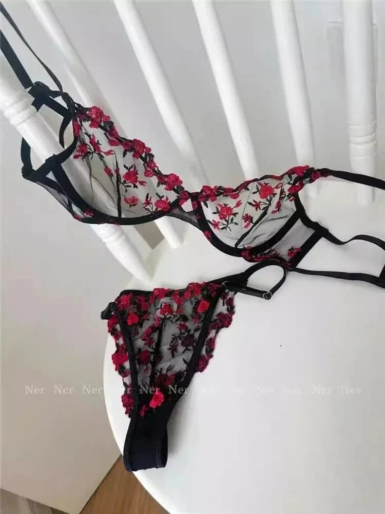 YUQI French Style Luxury Lingerie-Floral Embroidery Black Sheer Bra Set, Sensual Women's Intimates Elegant Transparent Underwear - A-1 Thread Vault