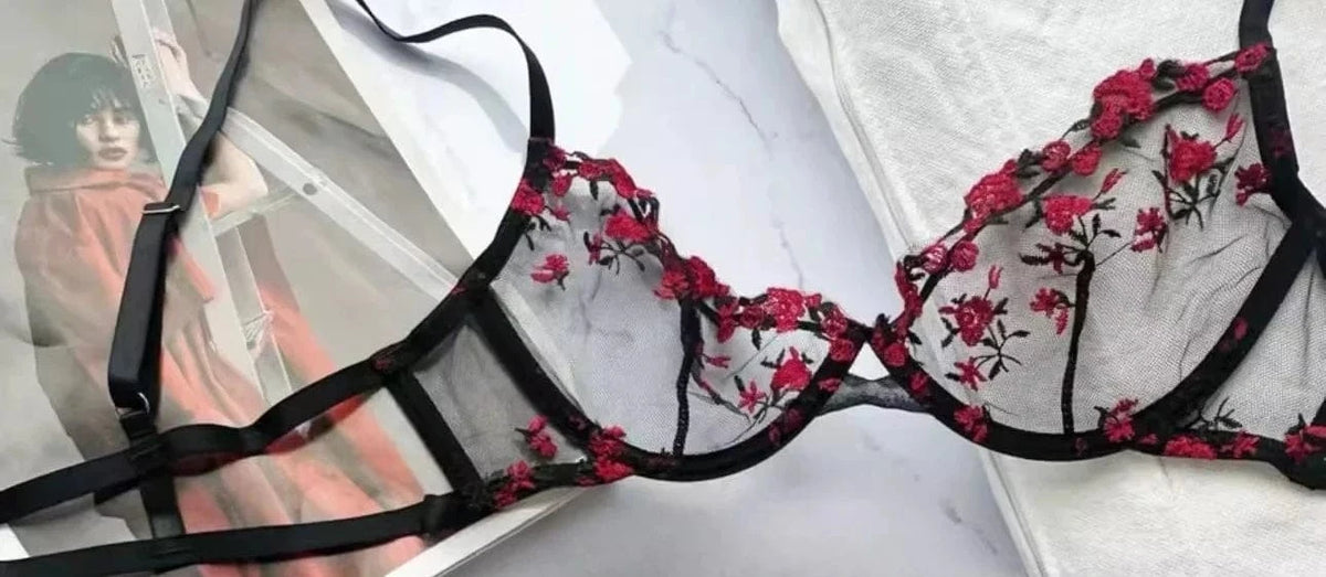 YUQI French Style Luxury Lingerie-Floral Embroidery Black Sheer Bra Set, Sensual Women's Intimates Elegant Transparent Underwear - A-1 Thread Vault