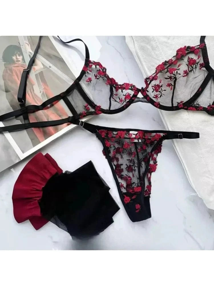 YUQI French Style Luxury Lingerie-Floral Embroidery Black Sheer Bra Set, Sensual Women's Intimates Elegant Transparent Underwear - A-1 Thread Vault