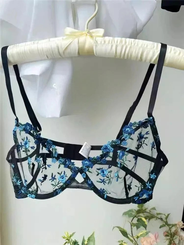 YUQI French Style Luxury Lingerie-Floral Embroidery Black Sheer Bra Set, Sensual Women's Intimates Elegant Transparent Underwear - A-1 Thread Vault