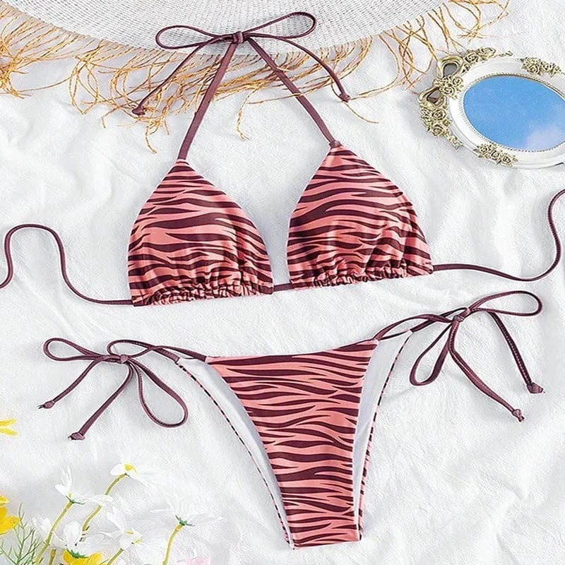 zebra striped micro bikini women halter push up bra triangle swimsuit Brazilian summer bathing suit swimwear 2024 swimming suit - A-1 Thread Vault