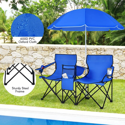 Folding Double Camping Chair with Umbrella (Blue) - A-1 Thread Vault