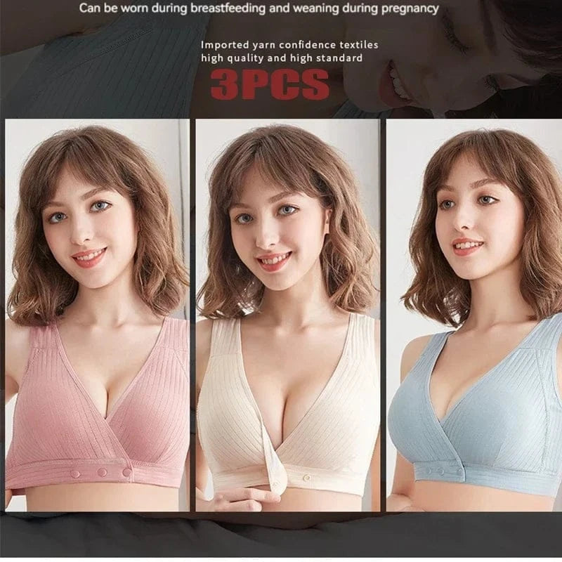Three women wearing the same V-neck nursing bra in pink, beige, and light blue against a white background.