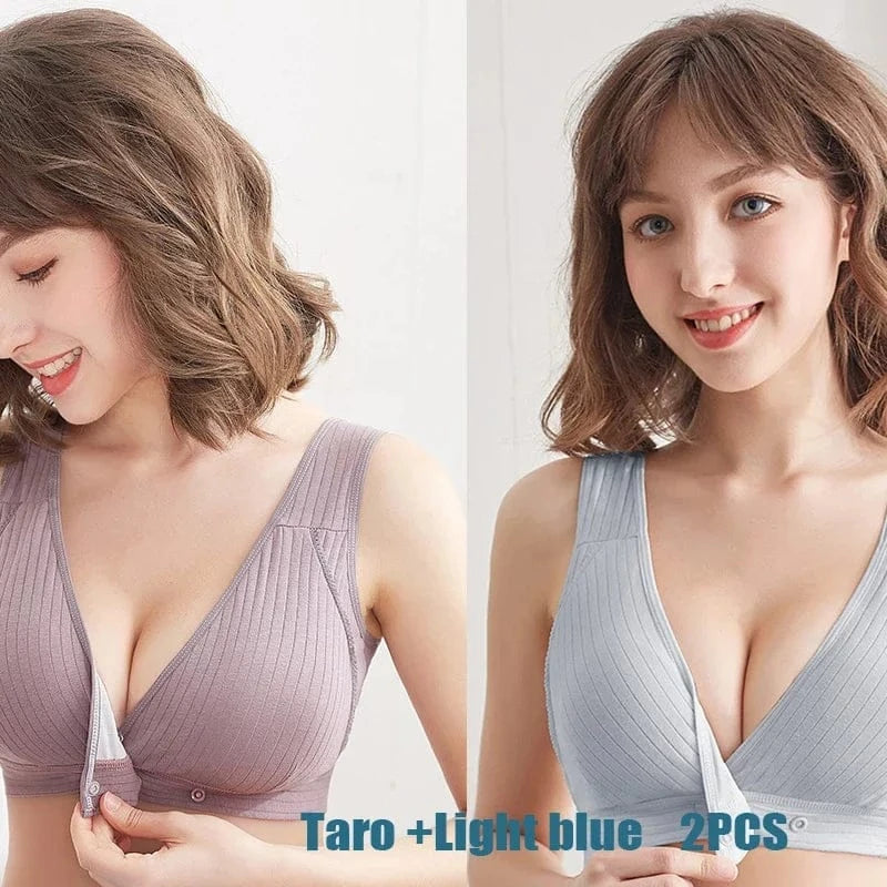 A split-screen view showing a woman wearing a ribbed, front-opening wireless bra in taro purple on the left and light blue on the right.