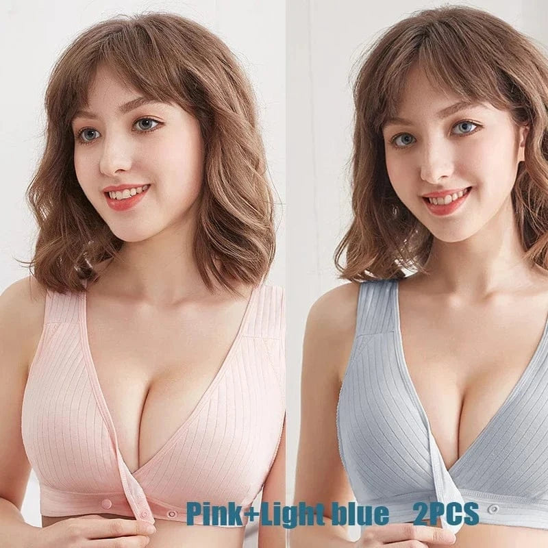Two women wearing light pink and light blue ribbed V-neck bras with front button closures side-by-side against a white background.