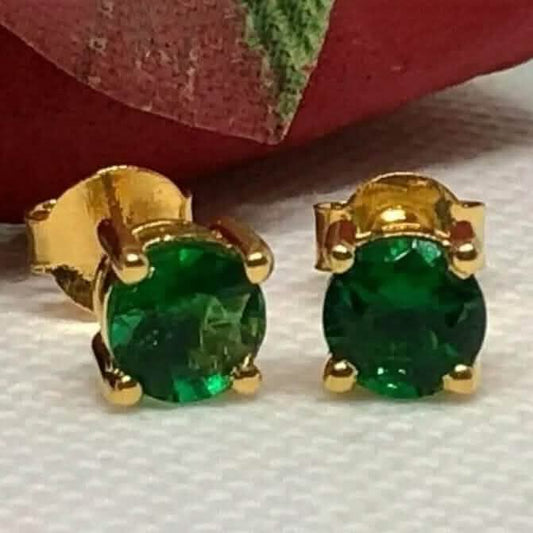 1 Ct Natural Green Emerald Round Cut Women's Stud Earrings 14K Real Yellow Gold - A-1 Thread Vault