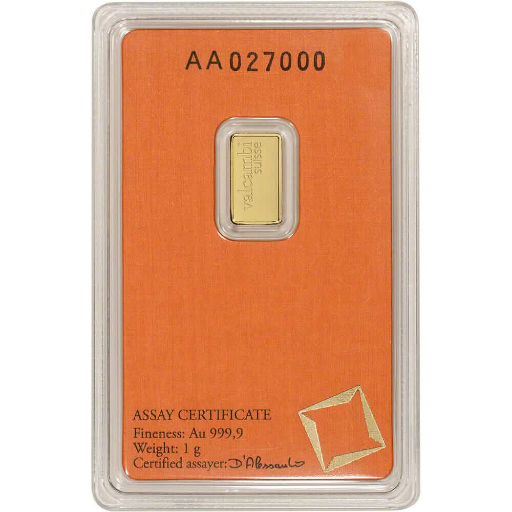 1 Gram Gold Bar - Valcambi Suisse - 999.9 Fine in Sealed Assay - A-1 Thread Vault