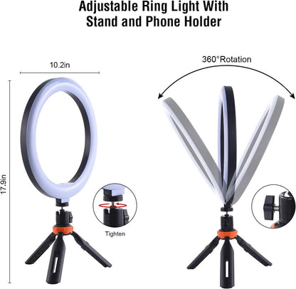10" LED Ring Light, Selfie Ring Light with Stand and Phone Holder, 11 Brightness Levels (Refurbished) - A-1 Thread Vault