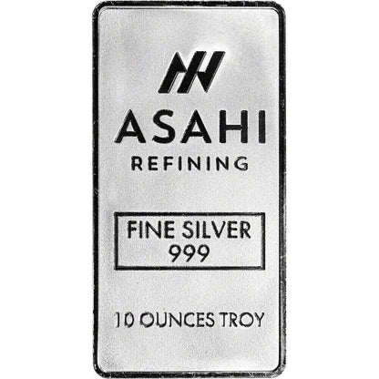 10 oz. Silver Bar - Asahi Refining - .999 Fine Silver in Sealed Protective Plastic - A-1 Thread Vault
