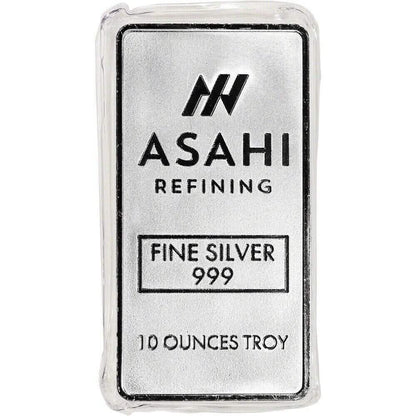 10 oz. Silver Bar - Asahi Refining - .999 Fine Silver in Sealed Protective Plastic - A-1 Thread Vault