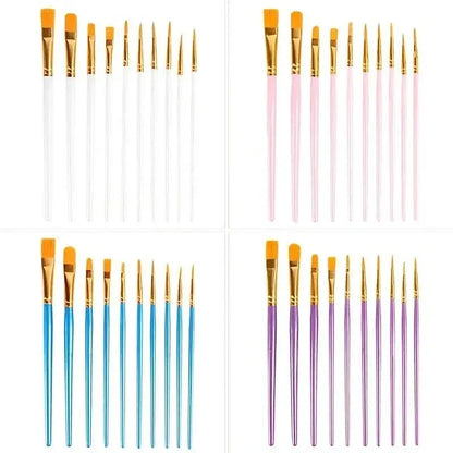 10-Pieces: Artist Paintbrush Nylon Round Pointed Flat Head Set - A-1 Thread Vault