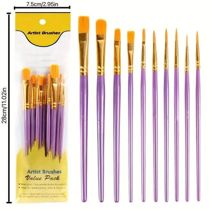 10-Pieces: Artist Paintbrush Nylon Round Pointed Flat Head Set - A-1 Thread Vault