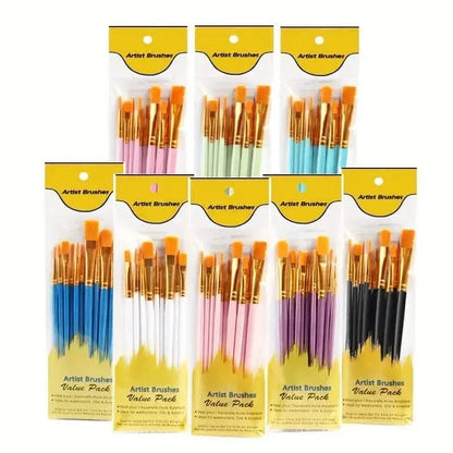 10-Pieces: Artist Paintbrush Nylon Round Pointed Flat Head Set - A-1 Thread Vault