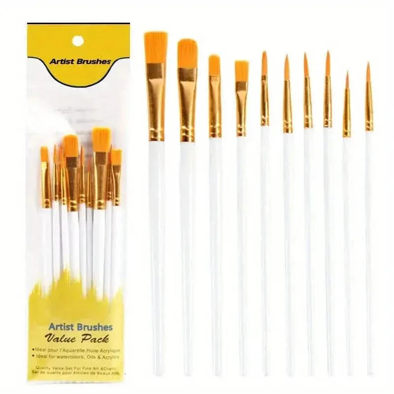10-Pieces: Artist Paintbrush Nylon Round Pointed Flat Head Set - A-1 Thread Vault