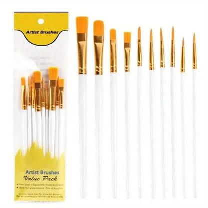 10-Pieces: Artist Paintbrush Nylon Round Pointed Flat Head Set - A-1 Thread Vault