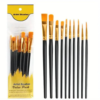 10-Pieces: Artist Paintbrush Nylon Round Pointed Flat Head Set - A-1 Thread Vault