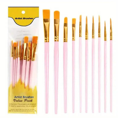 10-Pieces: Artist Paintbrush Nylon Round Pointed Flat Head Set - A-1 Thread Vault