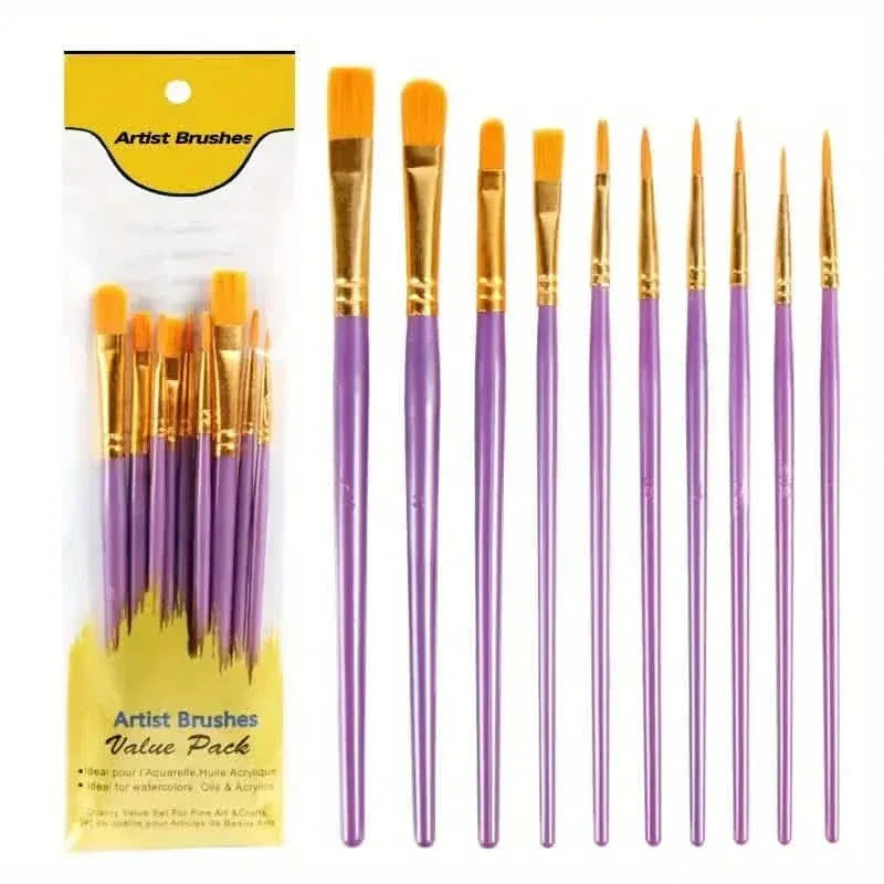 10-Pieces: Artist Paintbrush Nylon Round Pointed Flat Head Set - A-1 Thread Vault