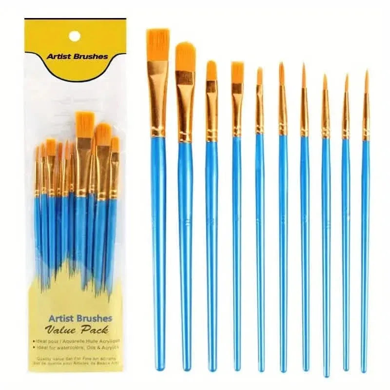 10-Pieces: Artist Paintbrush Nylon Round Pointed Flat Head Set - A-1 Thread Vault