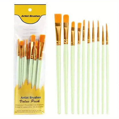 10-Pieces: Artist Paintbrush Nylon Round Pointed Flat Head Set - A-1 Thread Vault