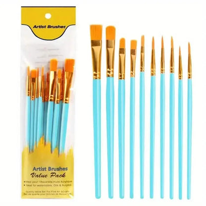 10-Pieces: Artist Paintbrush Nylon Round Pointed Flat Head Set - A-1 Thread Vault
