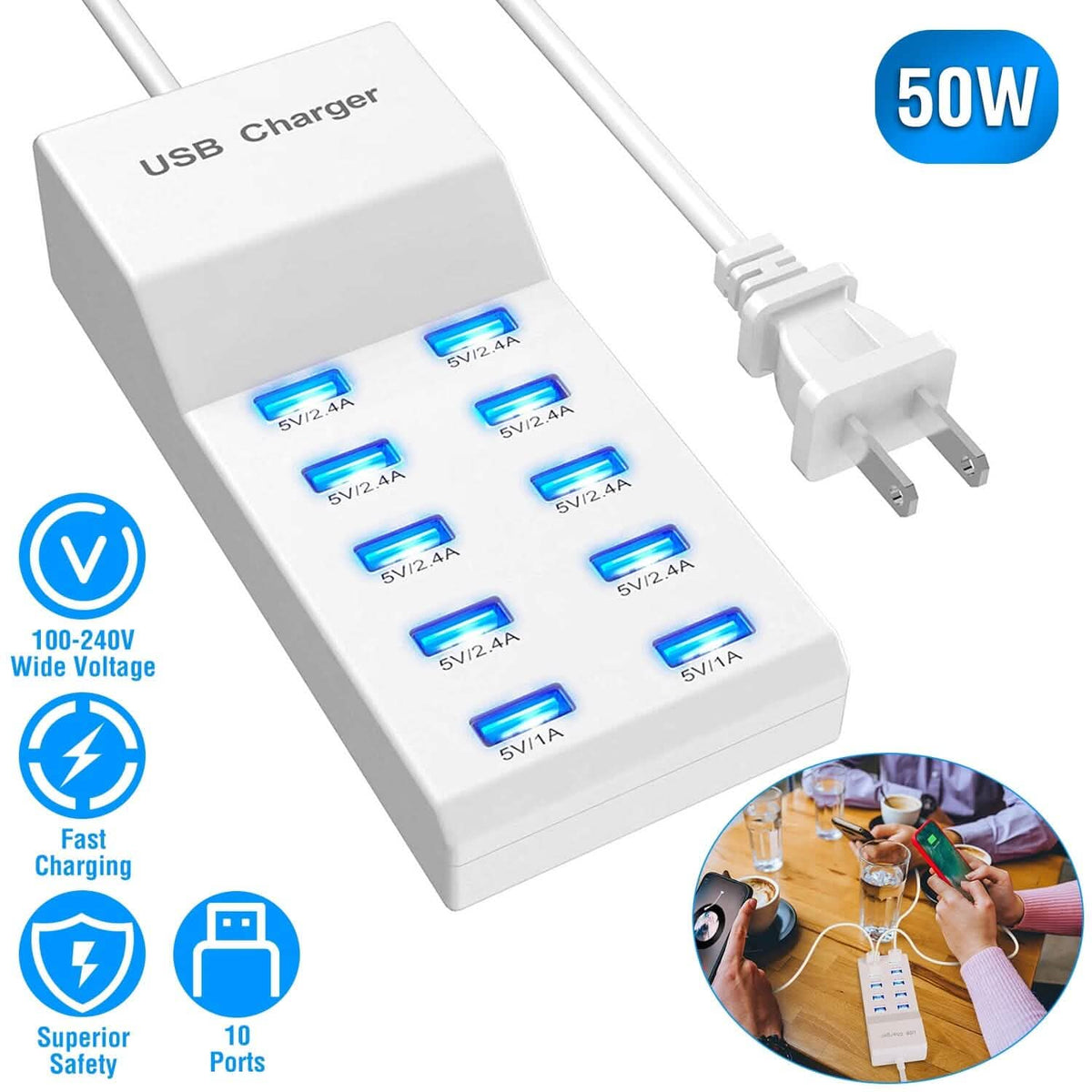 10-Ports 50W USB Wall Fast Charging Power Adapter - A-1 Thread Vault