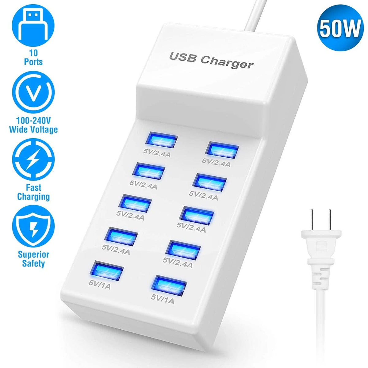 10-Ports 50W USB Wall Fast Charging Power Adapter - A-1 Thread Vault