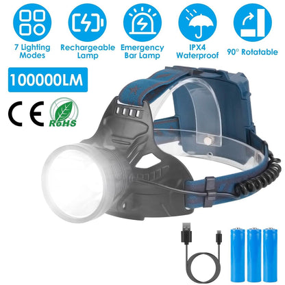 100000LM LED 7 Lighting Modes Rechargeable Headlights - A-1 Thread Vault