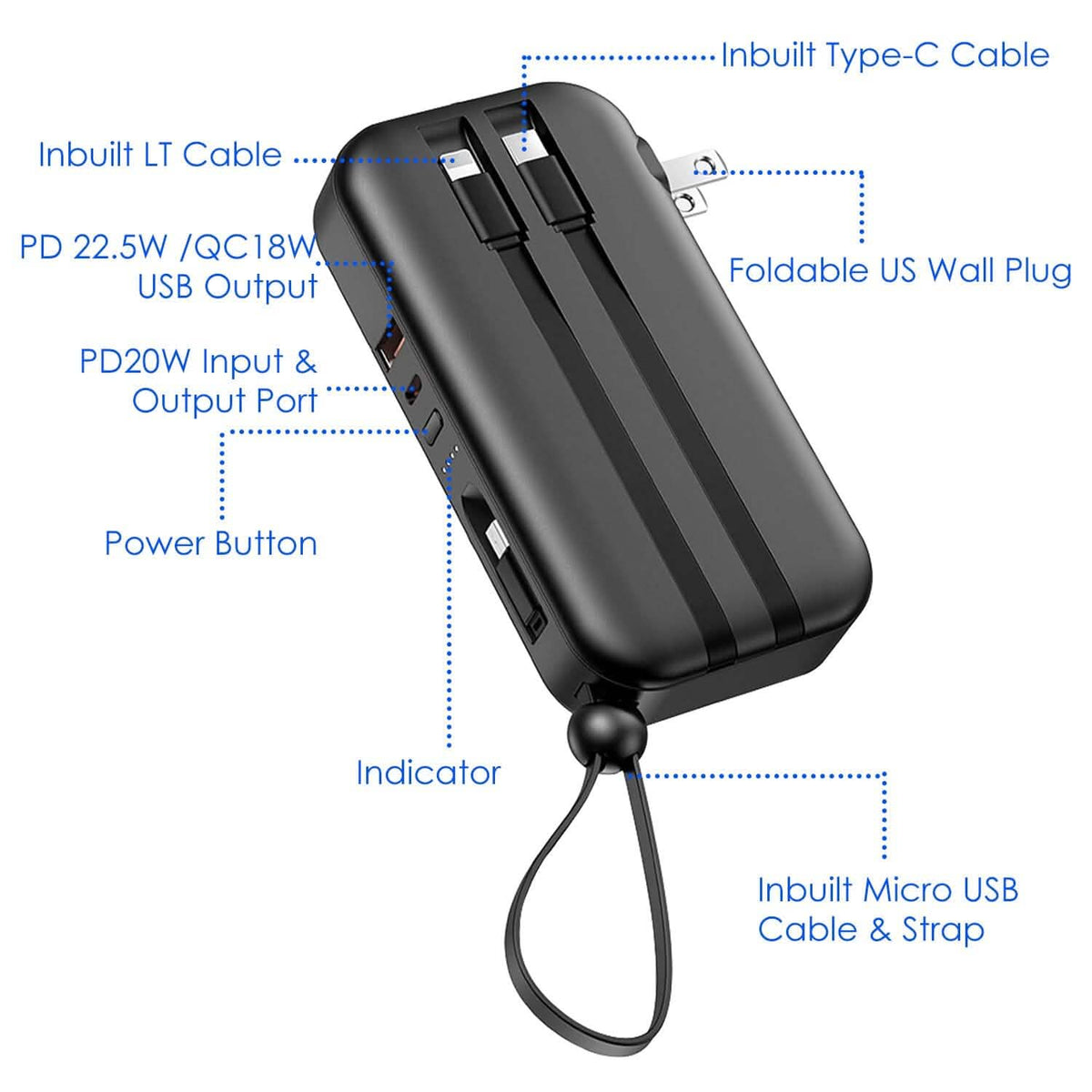 10000mAh Portable Charger with US Plug 3 Inbuilt Cables - A-1 Thread Vault