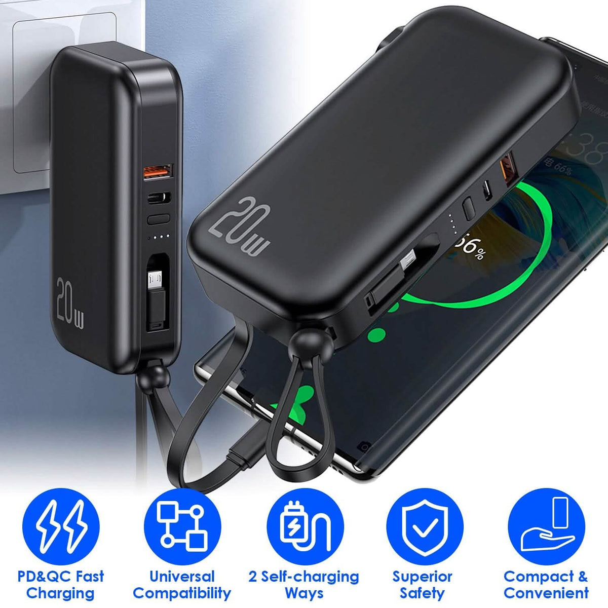 10000mAh Portable Charger with US Plug 3 Inbuilt Cables - A-1 Thread Vault