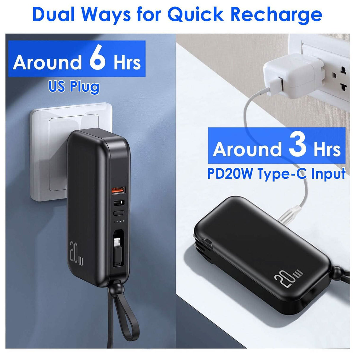 10000mAh Portable Charger with US Plug 3 Inbuilt Cables - A-1 Thread Vault