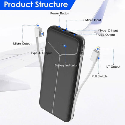 10000mAh Power Bank Portable Charger with US Plug 2 Built-in Cables External Battery Pack - A-1 Thread Vault