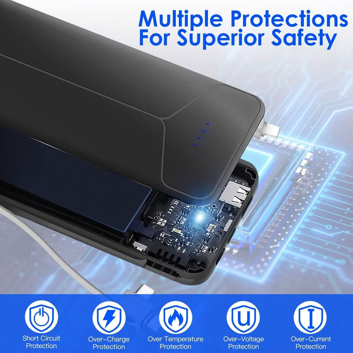 10000mAh Power Bank Portable Charger with US Plug 2 Built-in Cables External Battery Pack - A-1 Thread Vault