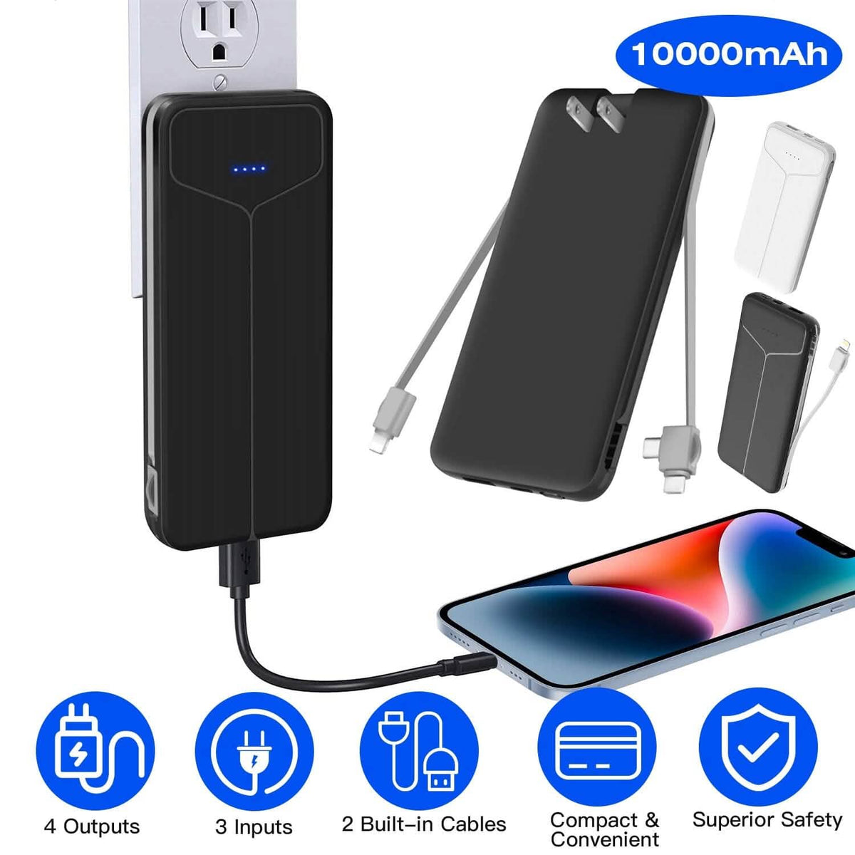 10000mAh Power Bank Portable Charger with US Plug 2 Built-in Cables External Battery Pack - A-1 Thread Vault