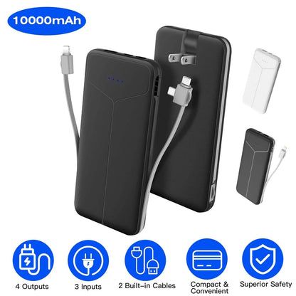 10000mAh Power Bank Portable Charger with US Plug 2 Built-in Cables External Battery Pack - A-1 Thread Vault