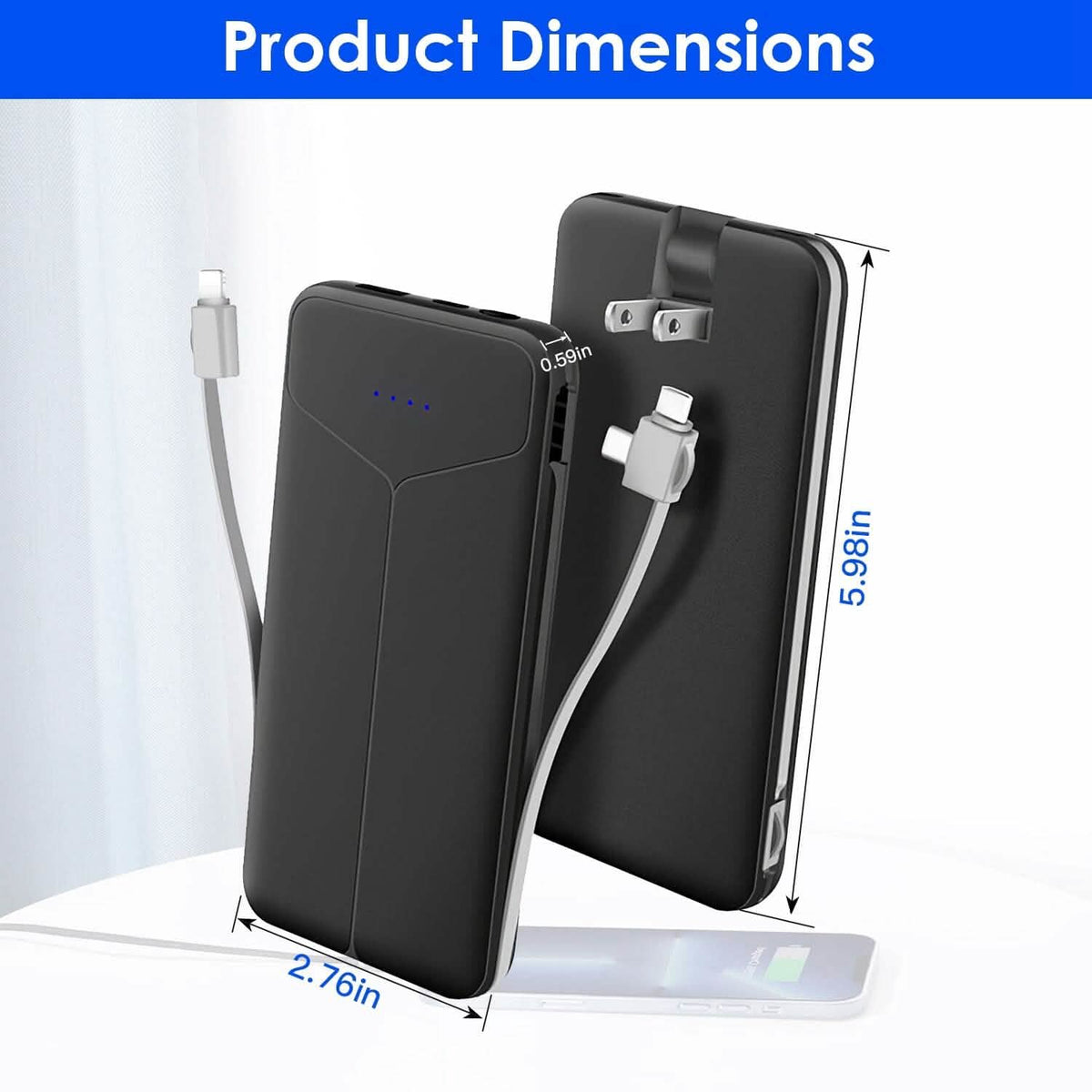 10000mAh Power Bank Portable Charger with US Plug 2 Built-in Cables External Battery Pack - A-1 Thread Vault