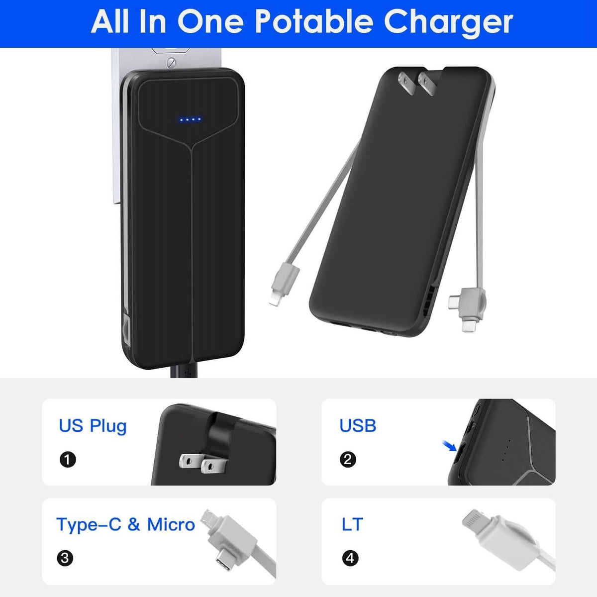 10000mAh Power Bank Portable Charger with US Plug 2 Built-in Cables External Battery Pack - A-1 Thread Vault