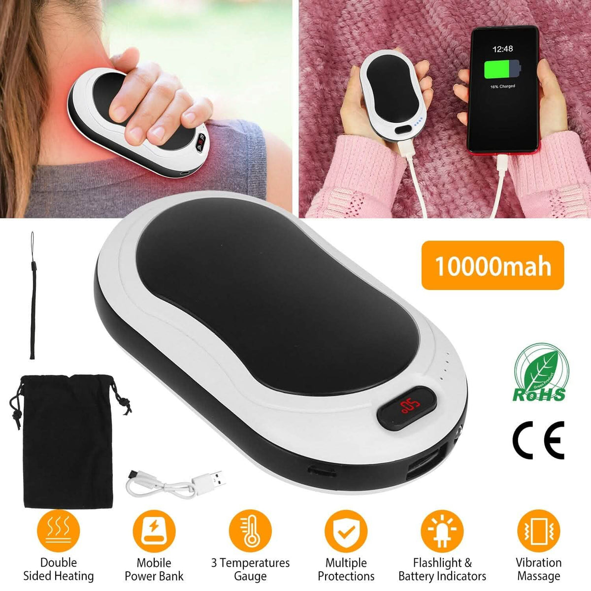10000mAh Power Bank Rechargeable Pocket Warmer Double-Sided Heating - A-1 Thread Vault