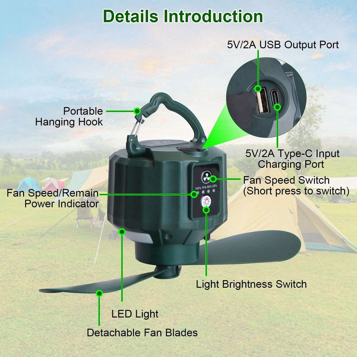 10400mAh USB Battery Powered Hanging Tent Lantern Fan Power Bank - A-1 Thread Vault