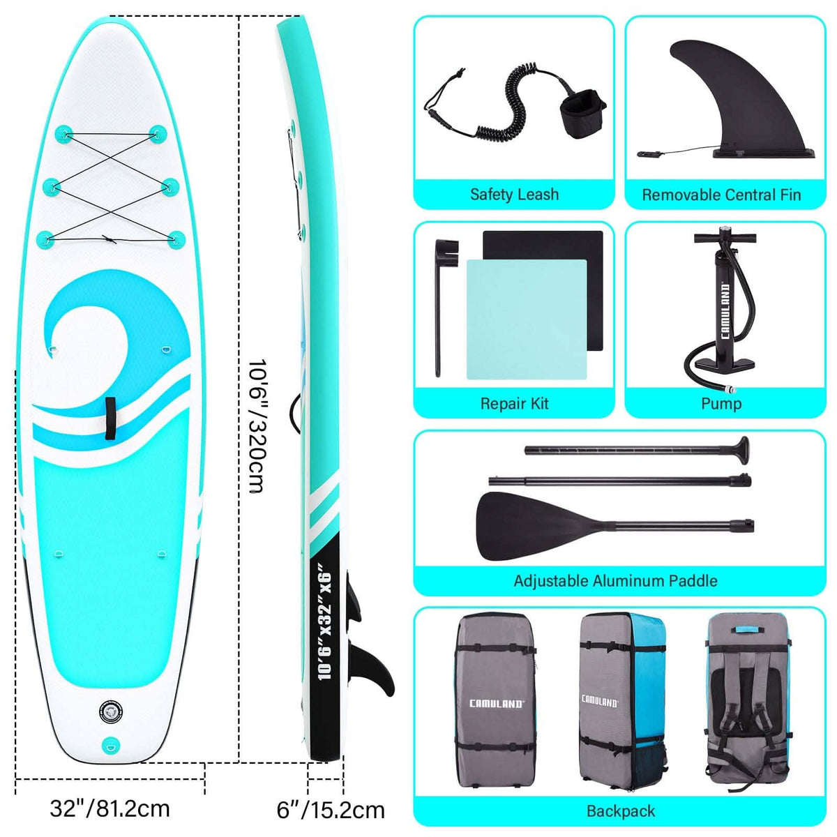 10’6” x 32”x 6” Paddle Boards for Adults with Premium SUP Accessories and Backpack - A-1 Thread Vault