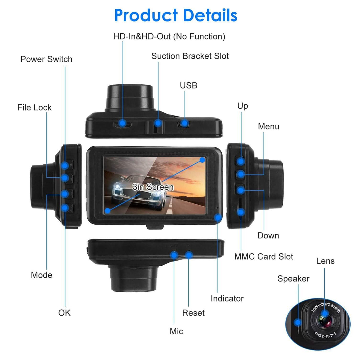 1080P Car DVR 3" Camera Dash Cam with 100° Angle Loop Recording Motion Detection - A-1 Thread Vault