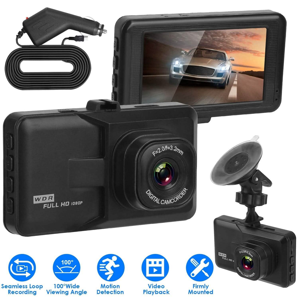 1080P Car DVR 3" Camera Dash Cam with 100° Angle Loop Recording Motion Detection - A-1 Thread Vault