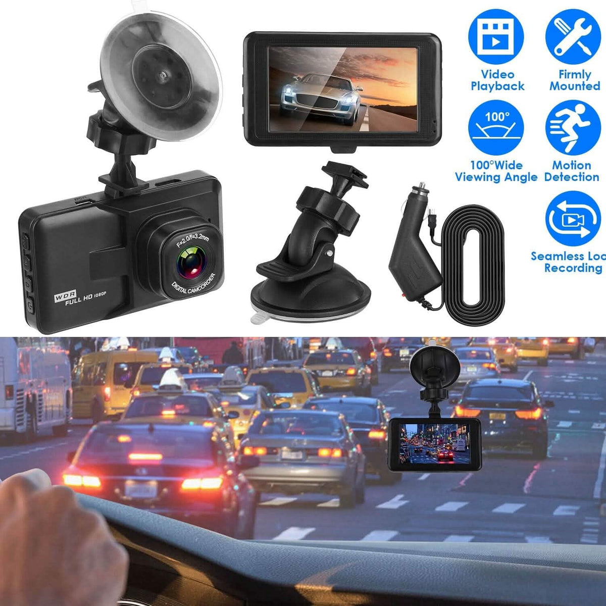 1080P Car DVR 3" Camera Dash Cam with 100° Angle Loop Recording Motion Detection - A-1 Thread Vault