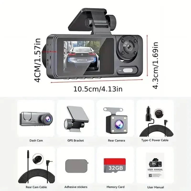 1080P Triple Dash Cam Front, Inside and Rear with 32GB Card, Night Vision, HDR & More - A-1 Thread Vault