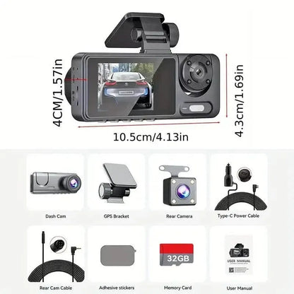1080P Triple Dash Cam Front, Inside and Rear with 32GB Card, Night Vision, HDR & More - A-1 Thread Vault