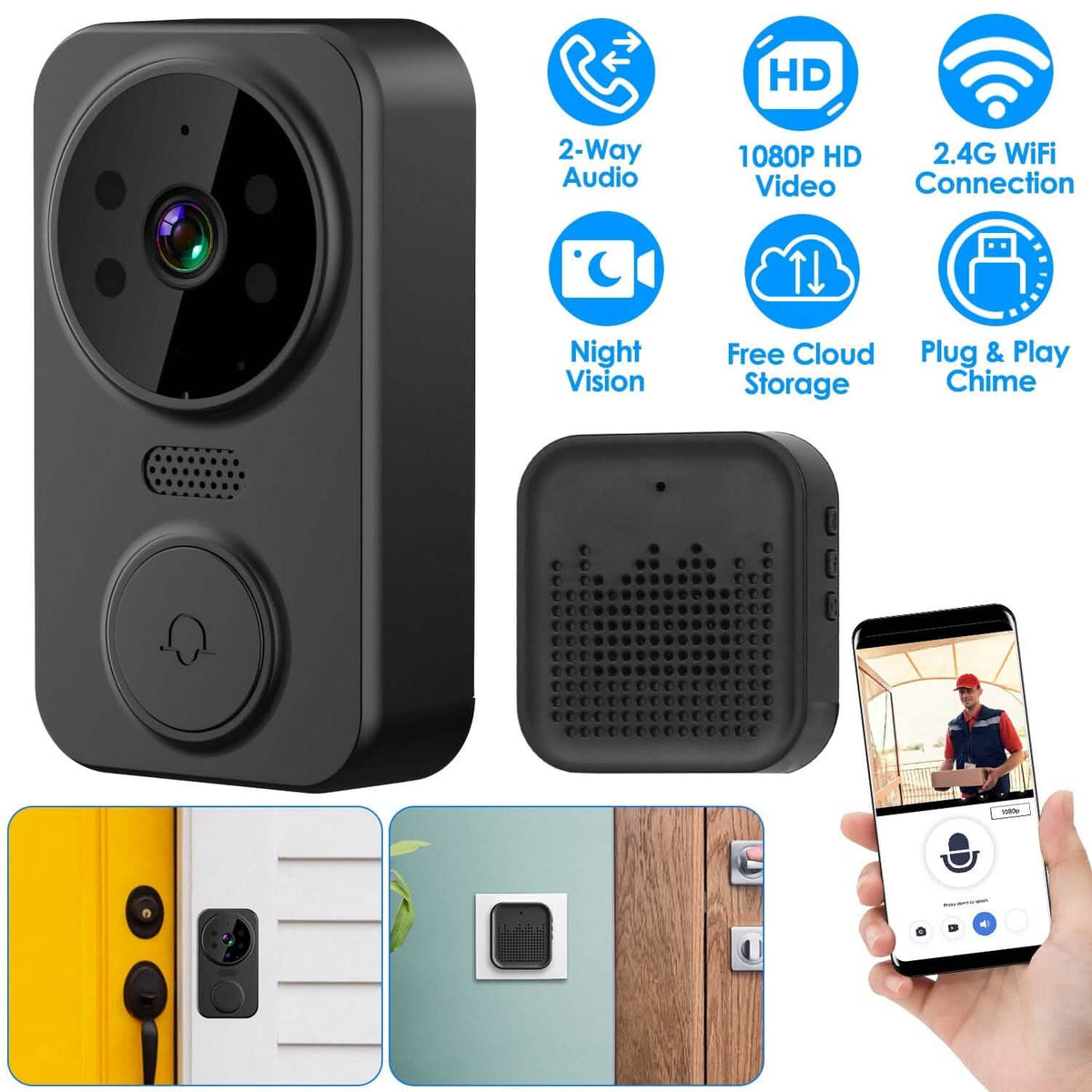 1080P WiFi Security Doorbell Camera 2-Way Audio Free Cloud Storage - A-1 Thread Vault