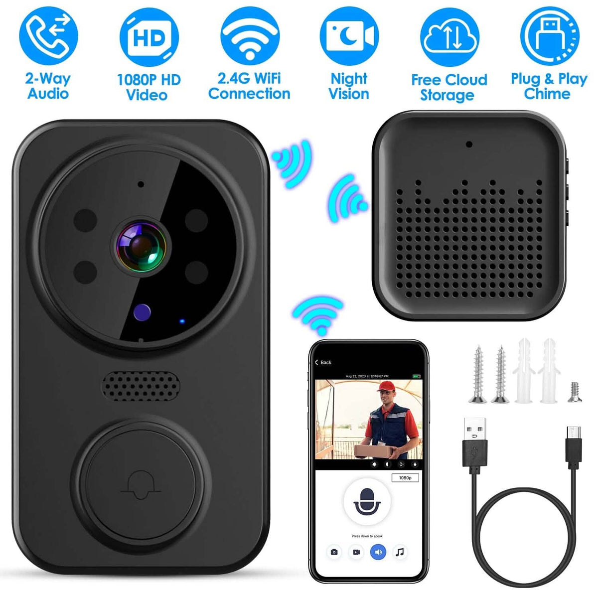 1080P WiFi Security Doorbell Camera 2-Way Audio Free Cloud Storage - A-1 Thread Vault