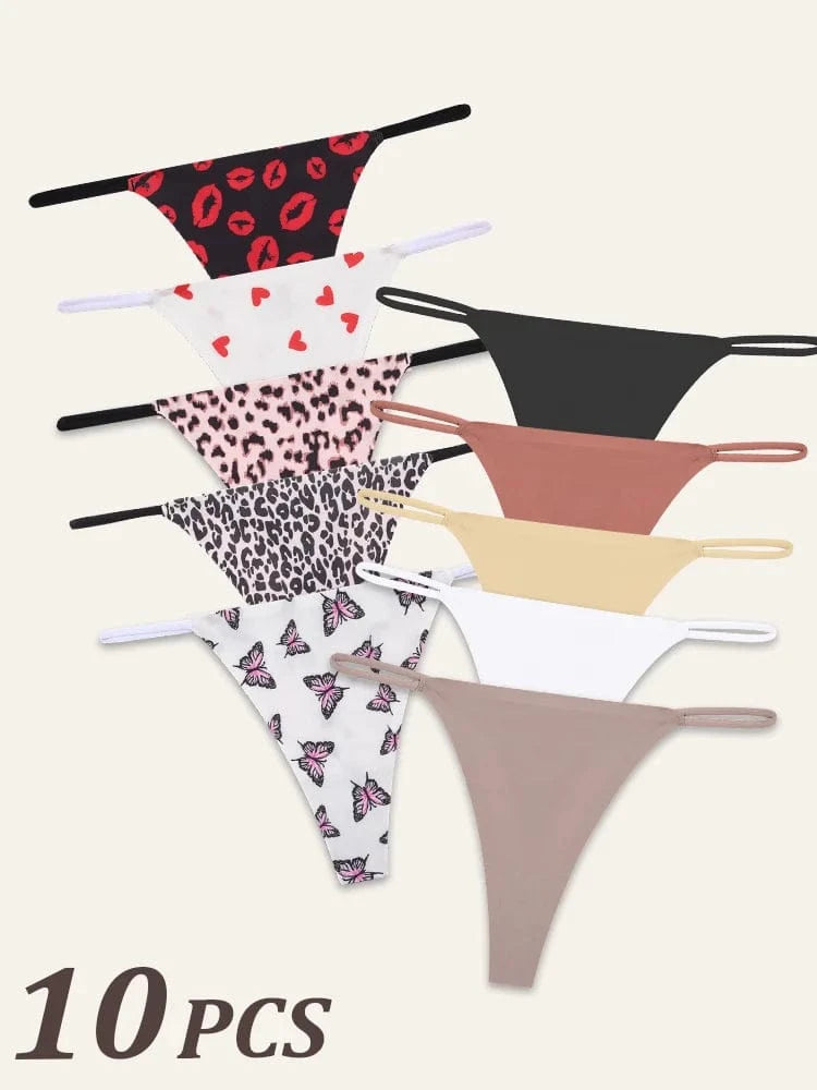 10Pcs Women Seamless Thongs Thin Strap Low Waist High Flexibility Panties Sexy Underwear Ladies Briefs T-back Comfortable Women - A-1 Thread Vault