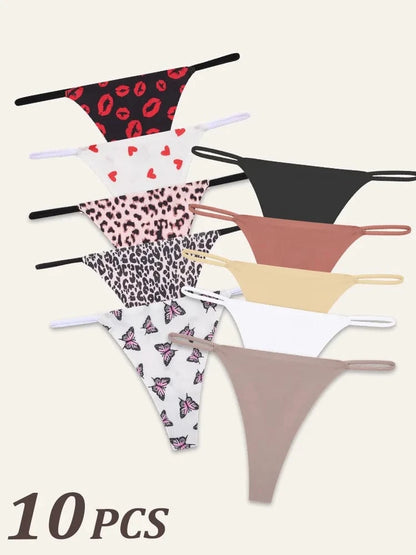 10Pcs Women Seamless Thongs Thin Strap Low Waist High Flexibility Panties Sexy Underwear Ladies Briefs T-back Comfortable Women - A-1 Thread Vault