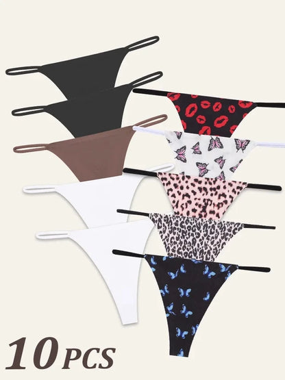 10Pcs Women Seamless Thongs Thin Strap Low Waist High Flexibility Panties Sexy Underwear Ladies Briefs T-back Comfortable Women - A-1 Thread Vault